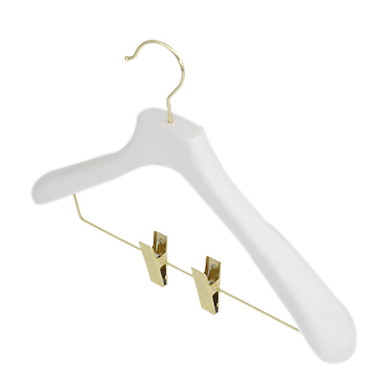 Golden Hook Anti Slip Clip Curved Hangers White Wooden Coat Hanger Thick Heavy Duty Wide Shoulder Wooden Hangers