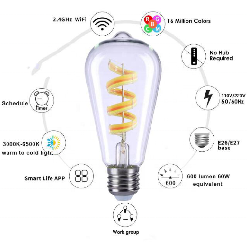 New products Glass body vintage 6w AC110/230V RGB TUYA Edison led filament bulb ST64 wifi