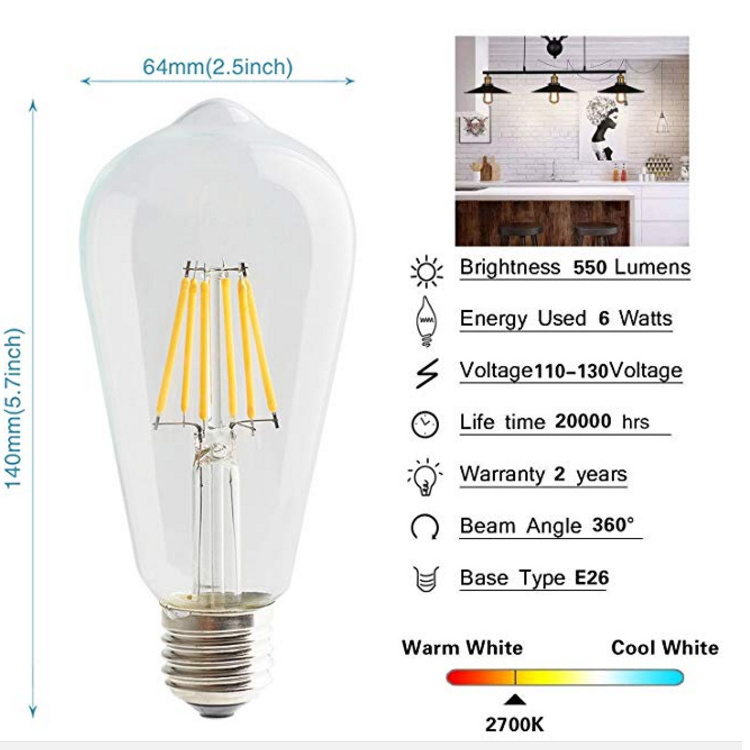 6W LED Filament Light Bulb ST64 Edison Style To Replace 60w Incandescent Bulb Soft White edison bulb st64