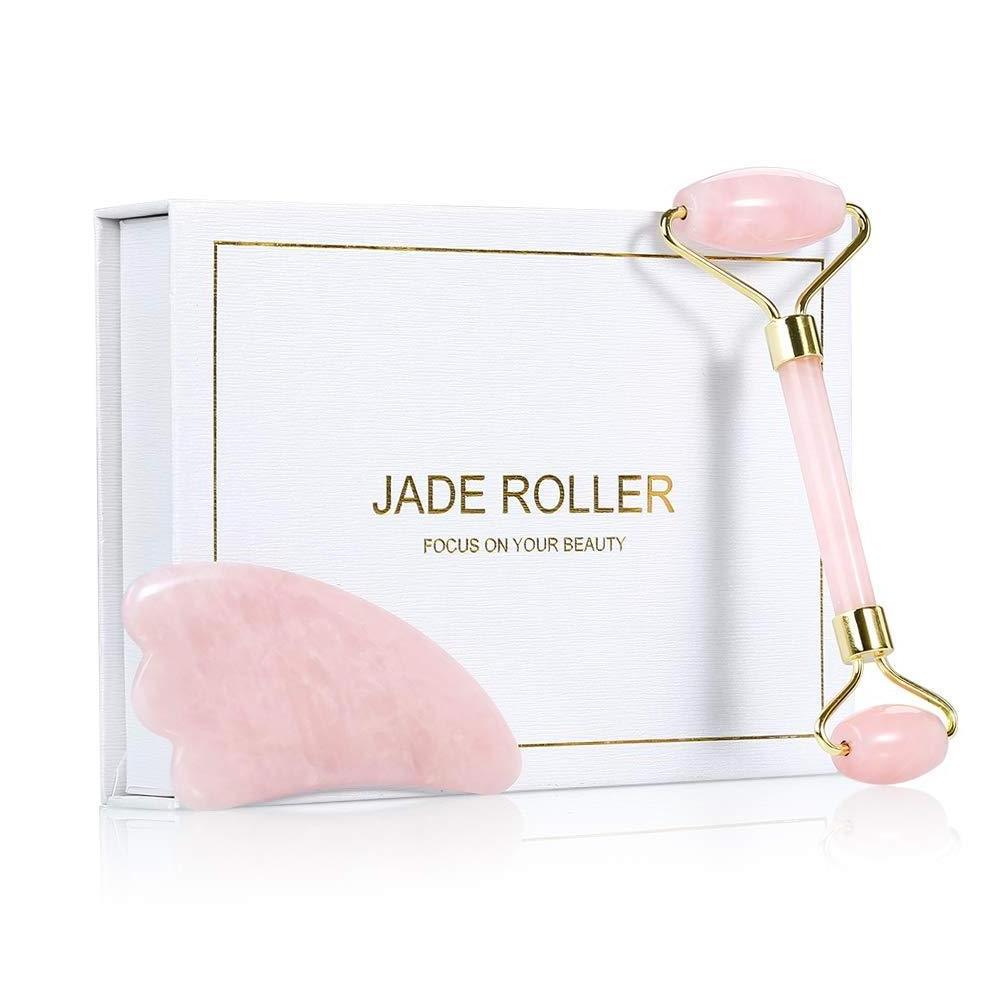 Best High Quality Anti Aging Face Lifting Gua Sha and Facial Roller ,Rose Pink Jade Face Roller for Gift Set