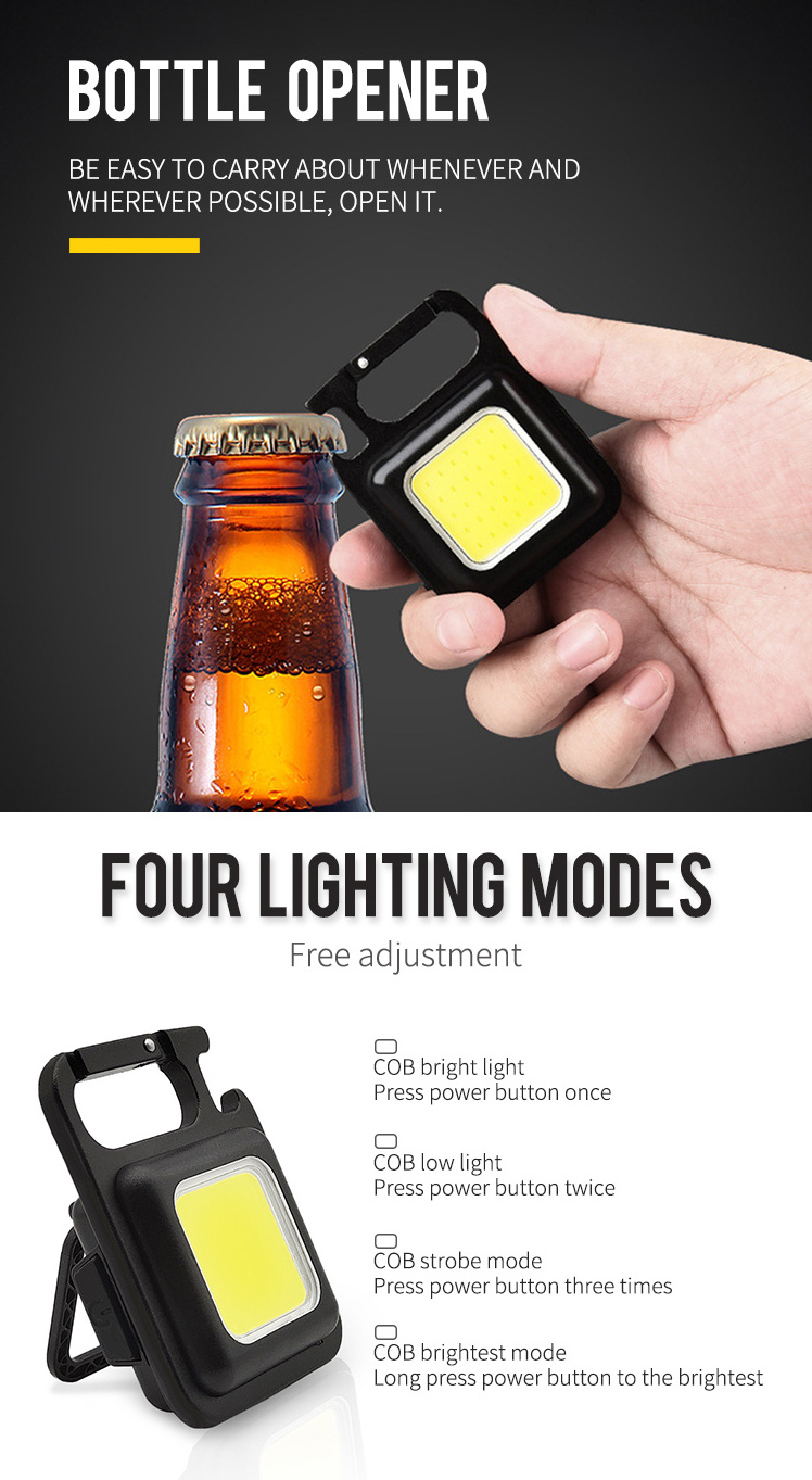 Portable Bright Lantern Rechargeable Pocket High Magnetic Work Light Mini Keychain Flashlight with Folding Bracket Bottle Opener