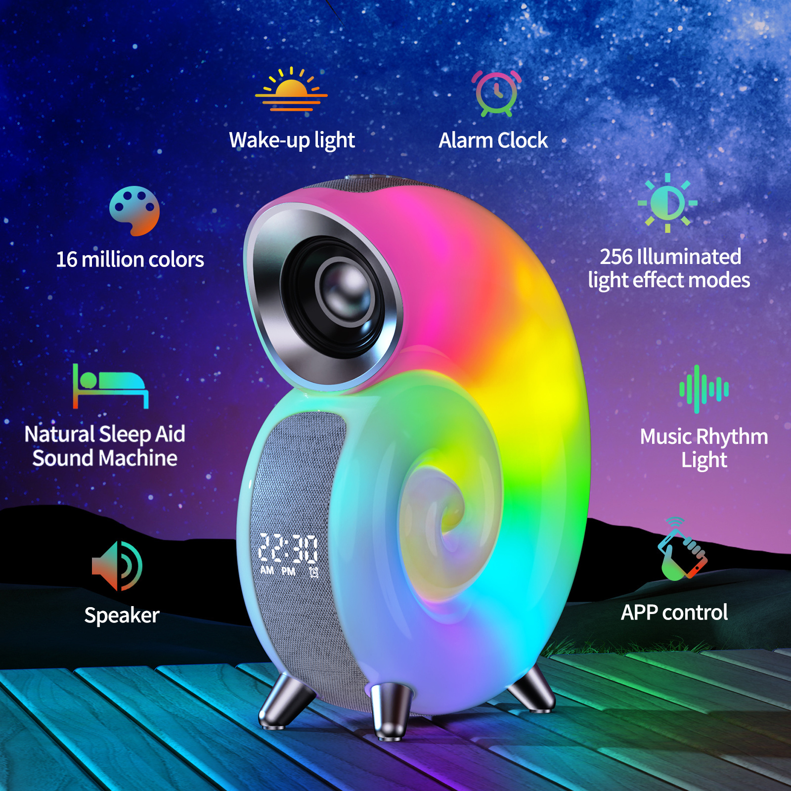 APP control Conch Smart Music Atmosphere Lamp Wireless Music Night Light Wake Up Light with BT Speaker White Noise Sleep Machine