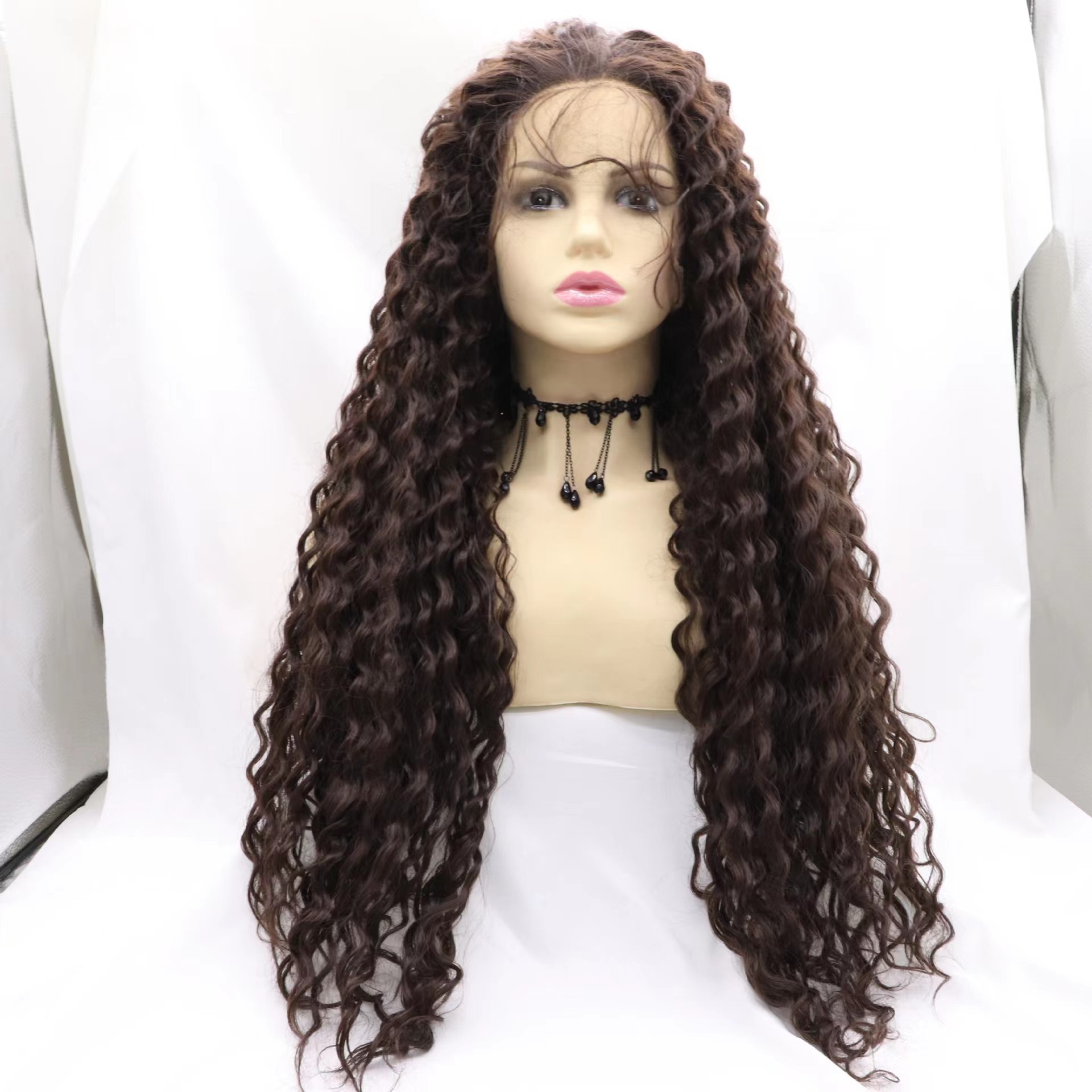 Wholesale high quality high temperature fibers unlike plastic deep wave curly lace lace wigs  Black wig  Worn by European women