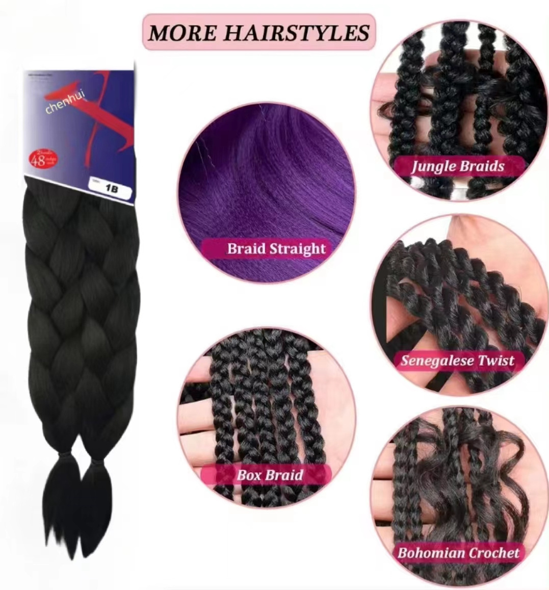 Pre-Stretched Braiding Hair Extensions kanekalons 48 Inch Unfolded 2 Bundles Hair texture black  Pre-Combed Synthetic Hair