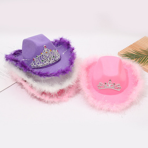 Halloween Pink Feather Western Cowboy Hat Carnival Party Ball Makeup Nine Lights Crown Color Diamond Glowing Cowboy Hat