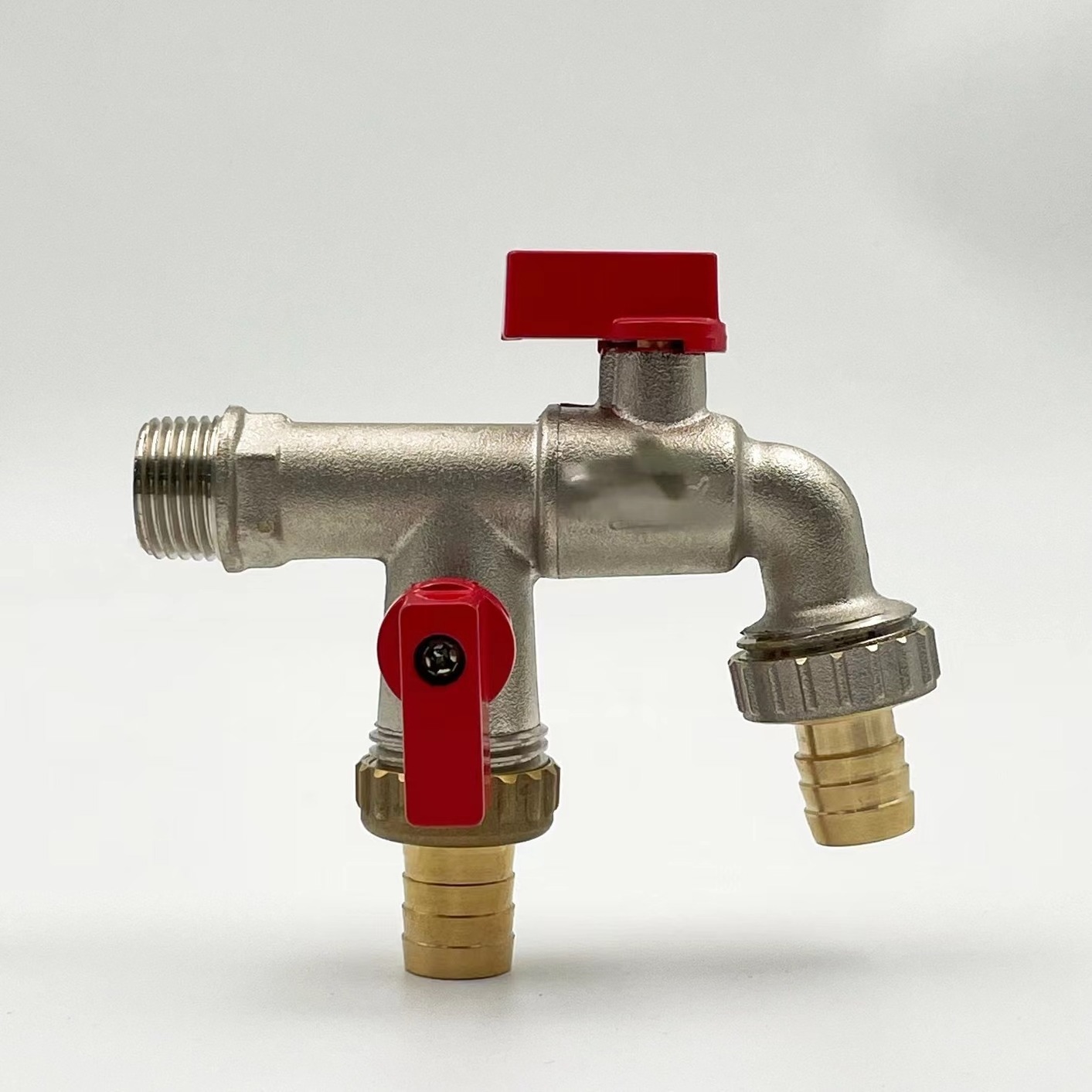 1/2'' Brass IBC Bibcock  One Inlet Two Outlets Water Bib Valve Tap Double Nipple Spout Nozzle for Washing Machine Garden