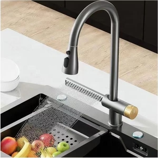 New design Waterfall Rain Kitchen Sink Faucet With Pull Down Sprayer  SUS 304 Single Hole Kitchen Sink Faucet