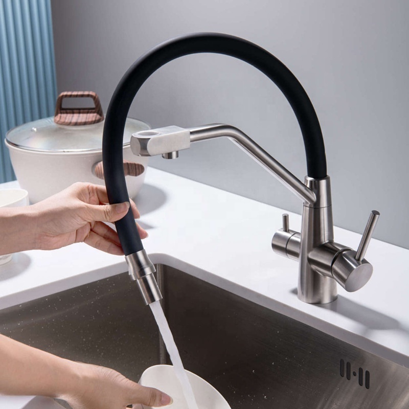 SUS 304 Kitchen Sink 3 Way Faucet Kitchen Rotating Faucets Mixer Tap Silicone Hose Water Purifier Faucet