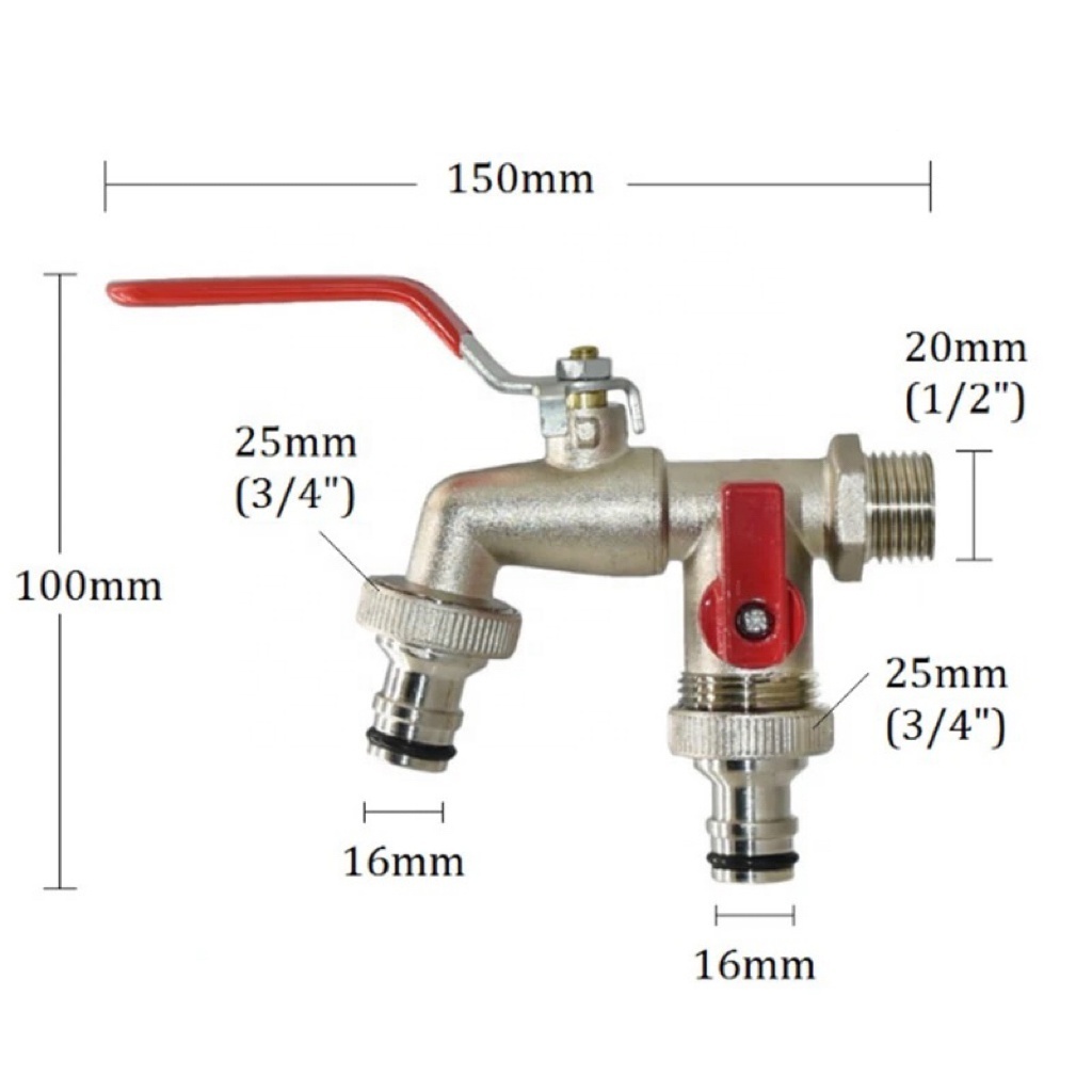 1/2'' Zinc Alloy IBC Tank Adapter One Inlet Two Outlets Water Bib Valve Tap Double Nipple Spout for Washing Machine Garden