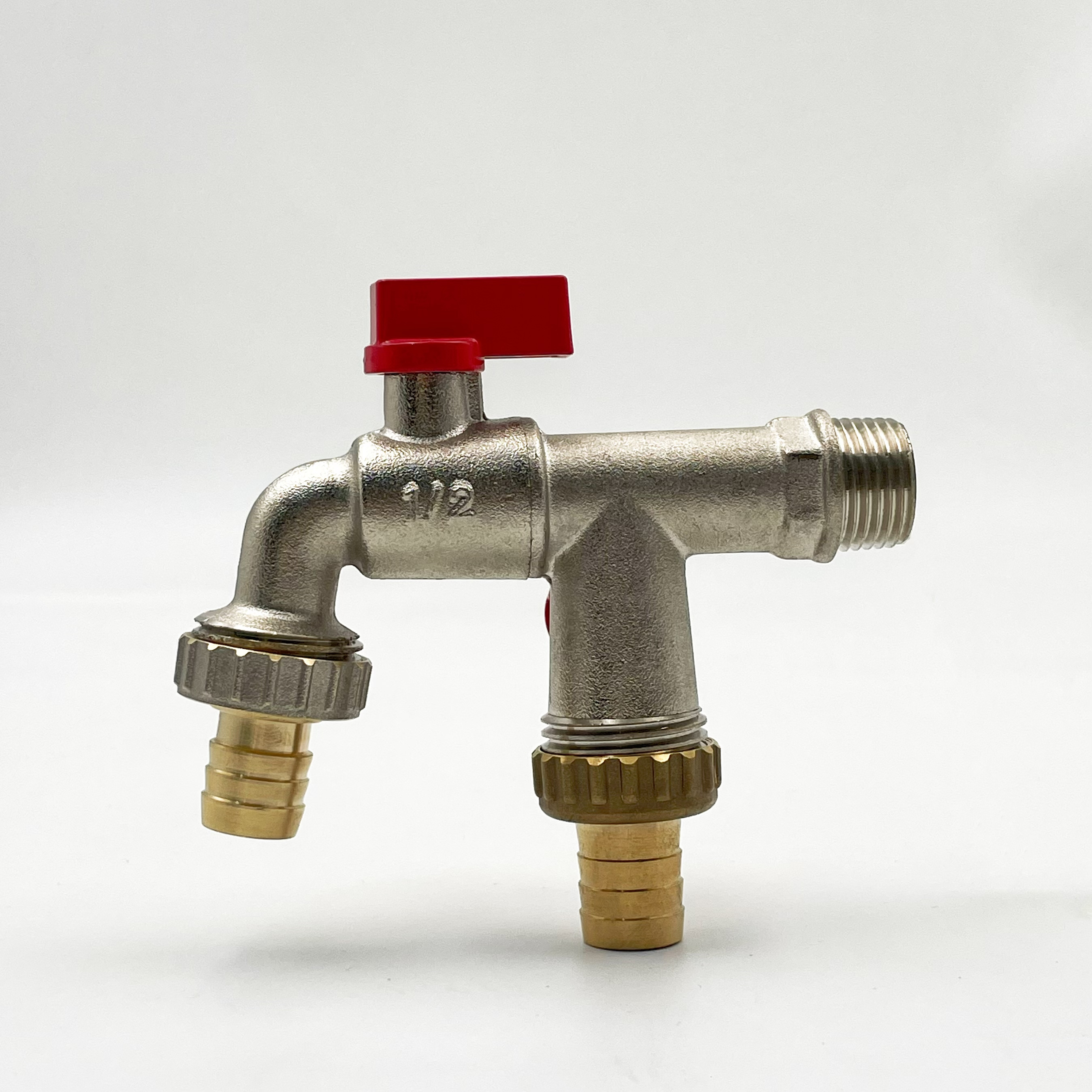 1/2'' Brass IBC Bibcock  One Inlet Two Outlets Water Bib Valve Tap Double Nipple Spout Nozzle for Washing Machine Garden