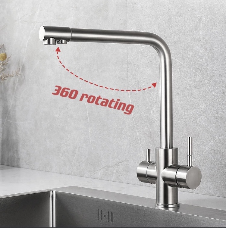 SUS304 Kitchen Sink Rotating Faucet Kitchen and Bathroom 3 Way Two Handle Faucets Mixer Tap with Water Filter