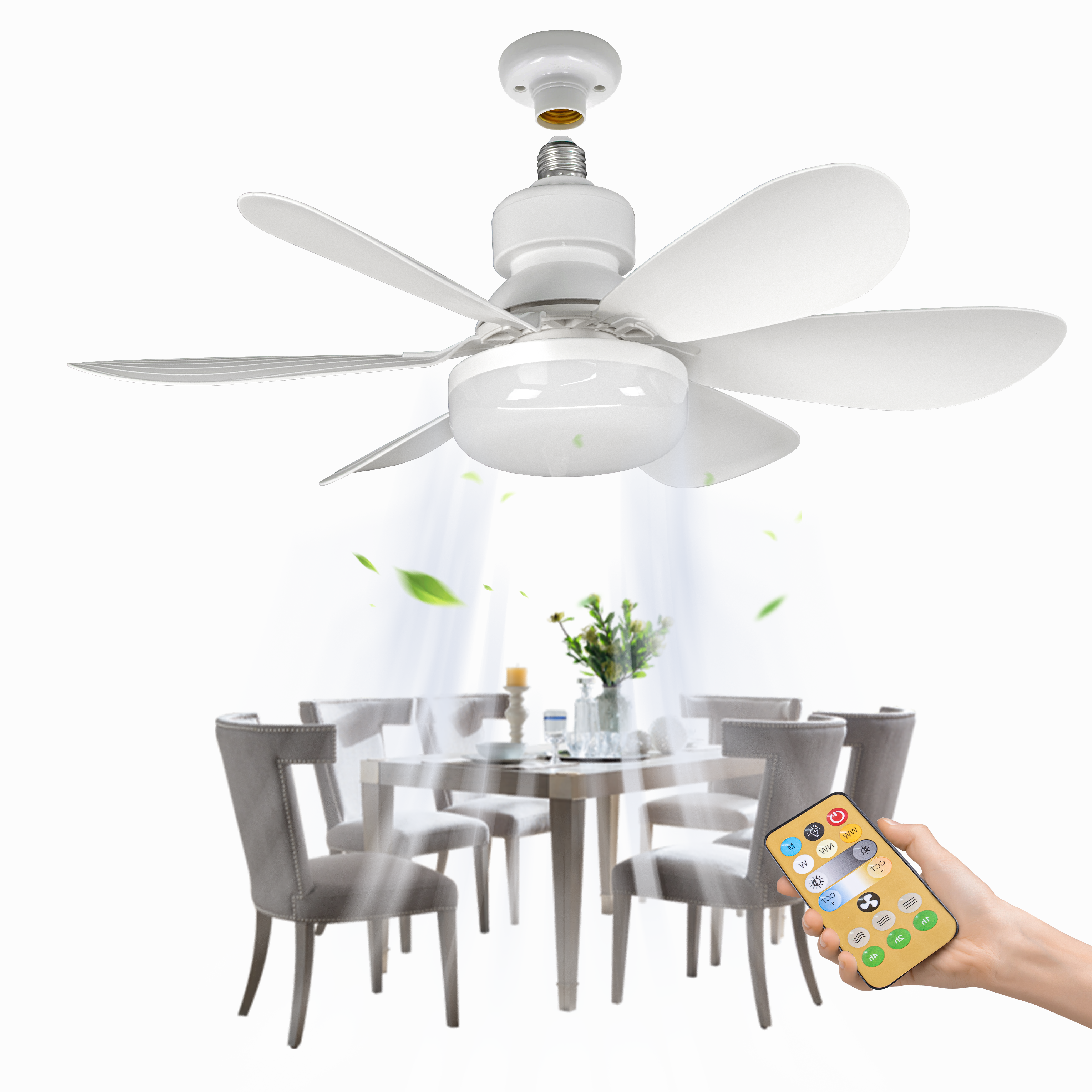 Modern Decorative Fan New Concise Style White 6 Blades E27 LED Light Ceiling Fan Lamp