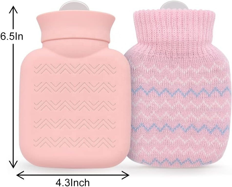 Silicone Hot Water Bottle with knitted Cover Mini Hot Water Bag for Pain Relief Leak Proof Hot Cold Pack with Removable Cover