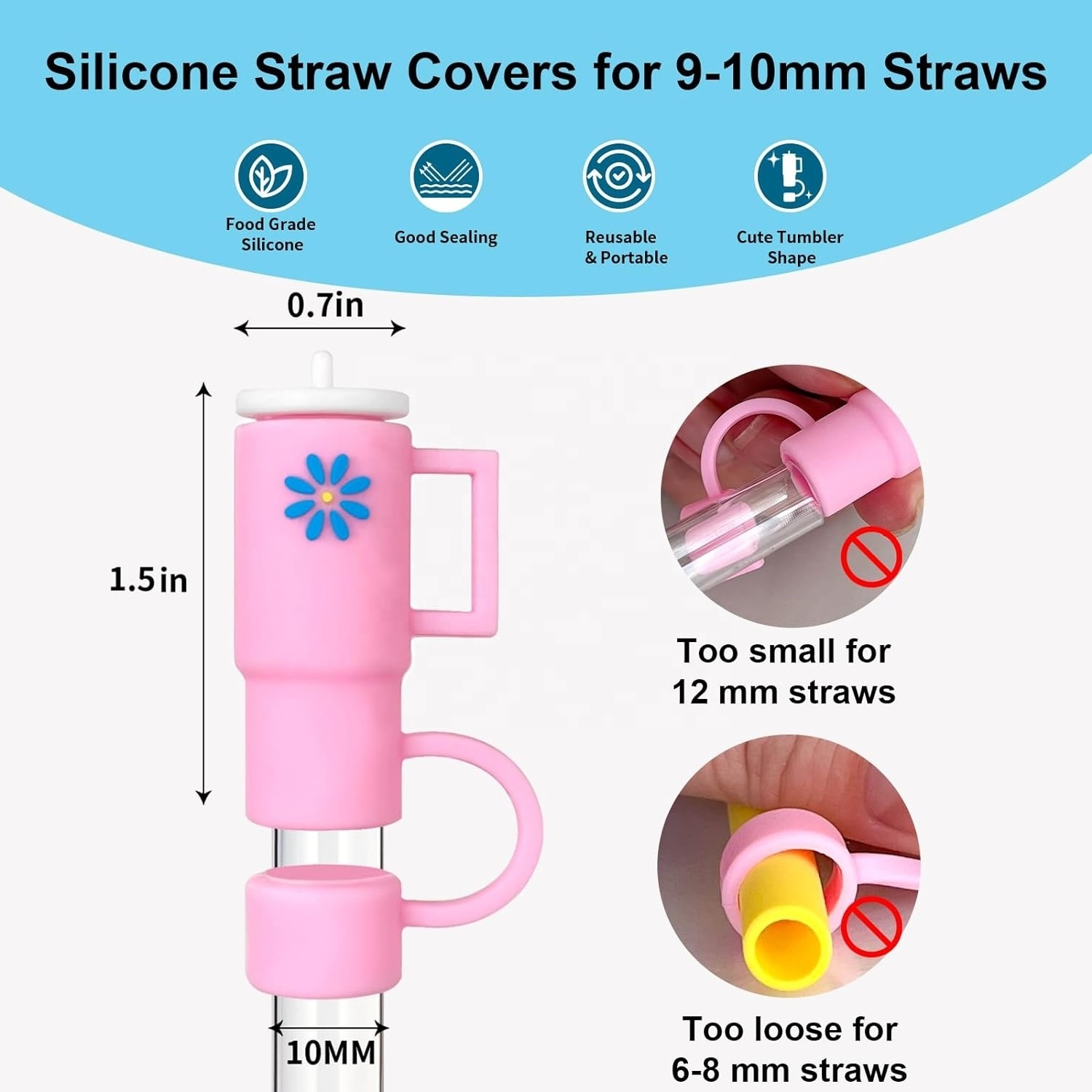 Hot 10mm 0.4in Reusable Silicone Straw Covers Caps Straw Toppers with Handle Compatible With Stanley Tumbler Cup