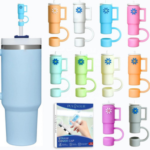 Hot 10mm 0.4in Reusable Silicone Straw Covers Caps Straw Toppers with Handle Compatible With Stanley Tumbler Cup