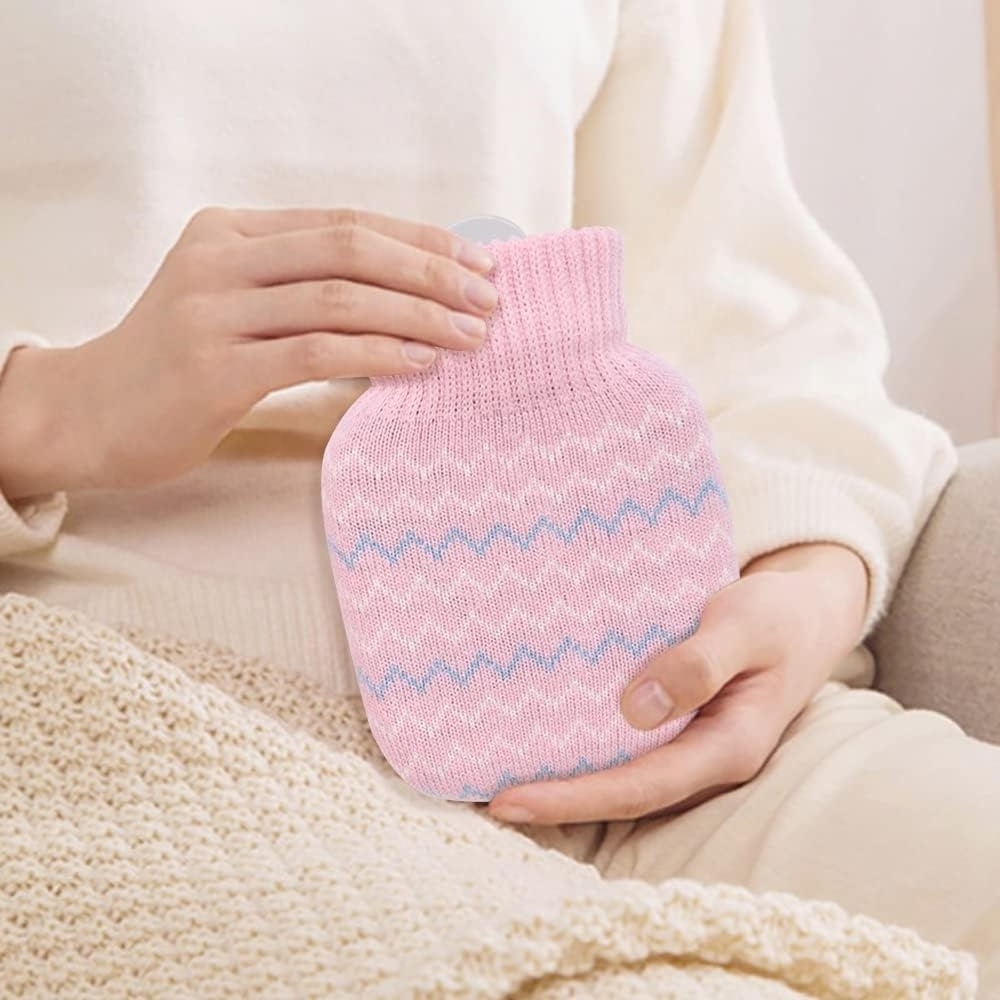 Silicone Hot Water Bottle with knitted Cover Mini Hot Water Bag for Pain Relief Leak Proof Hot Cold Pack with Removable Cover