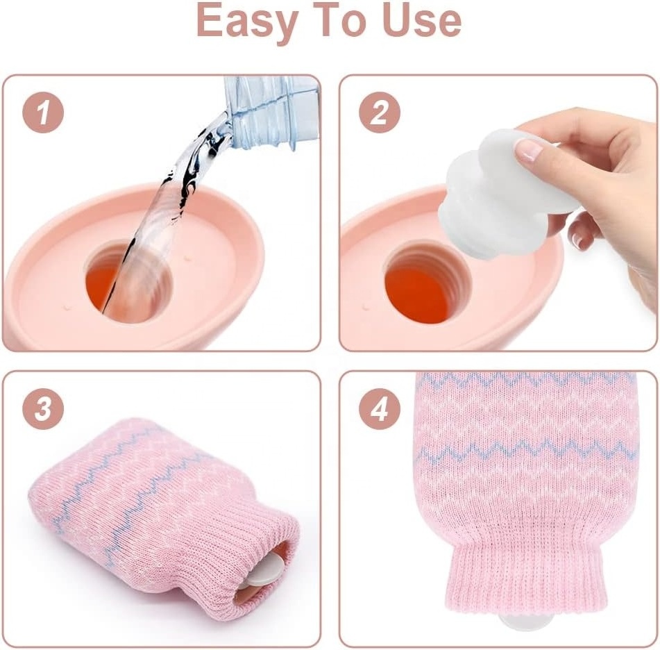 Silicone Hot Water Bottle with knitted Cover Mini Hot Water Bag for Pain Relief Leak Proof Hot Cold Pack with Removable Cover