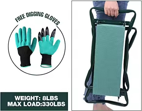 Folding Deep Seat Foldable Garden Kneeling Pad Chair Bench Seat Stool Kneeler With Handles And Green Tool Bag