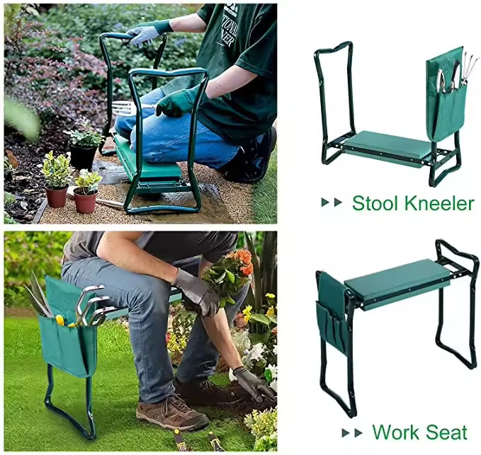 Folding Deep Seat Foldable Garden Kneeling Pad Chair Bench Seat Stool Kneeler With Handles And Green Tool Bag