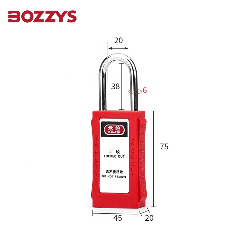 BOZZYS 38mm Steel Shackle Long Lock Body Type Red Loto Safety Padlock Suitable for Industrial Lockout-tagout Management