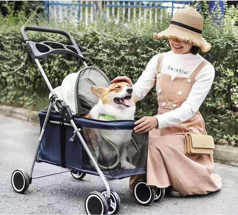 OEM Callapsiable luxury trolley pet carrier Breathable 4 large wheel dog strollers for medium dogs detachable