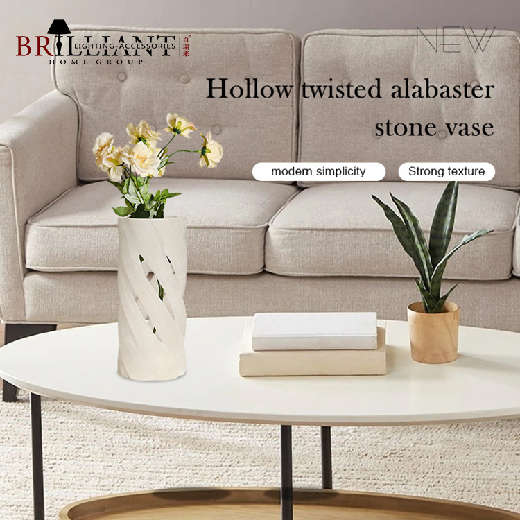 Custom Wholesale Hollow Twisted Round Column Art Marble Alabaster Flower Vases For Home Decor