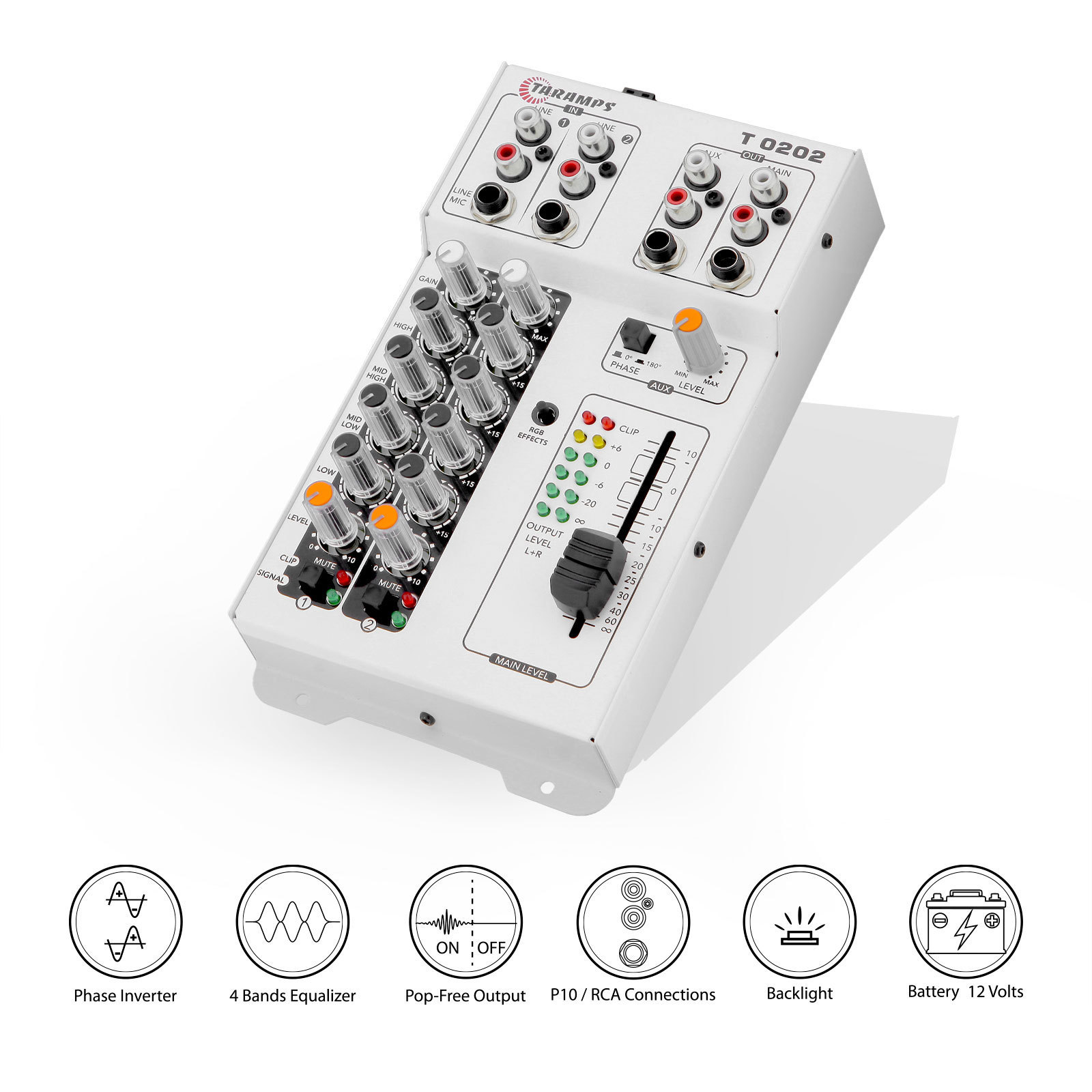 Taramps Audio Mixer T0202 Multicolor 80 RGB LED and VU Effects 4 Band Equalizer 2 Input Channels Mixing MIC Musical Instruments