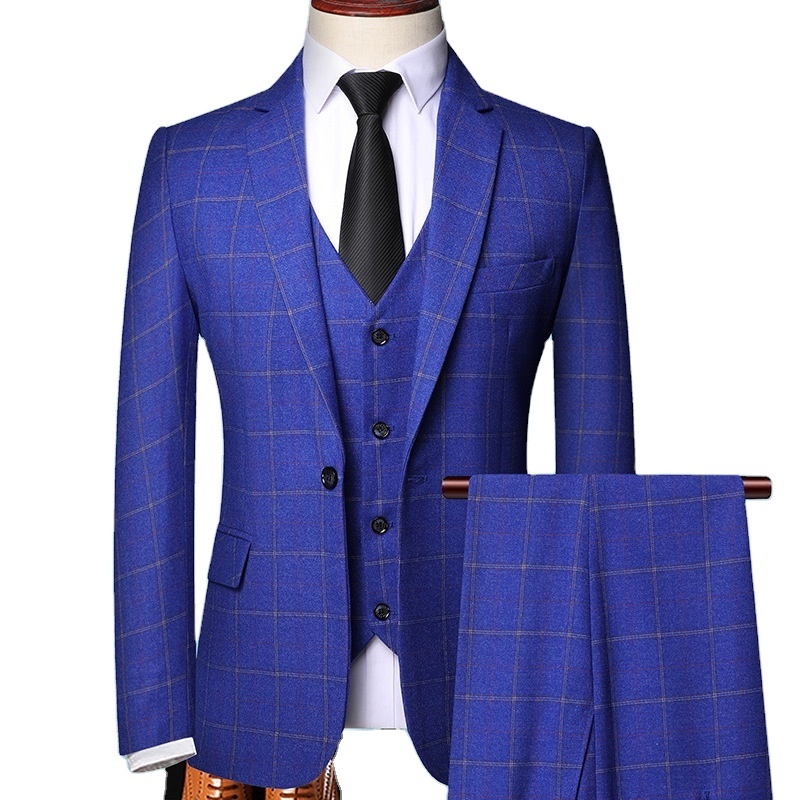 Custom Plus Size Single Breasted Men's Suit Coat Slim Fit Breathable Solid Color Plaid Men's Business Suit 3-piece Set wholesale