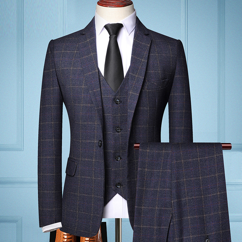 Custom Plus Size Single Breasted Men's Suit Coat Slim Fit Breathable Solid Color Plaid Men's Business Suit 3-piece Set wholesale