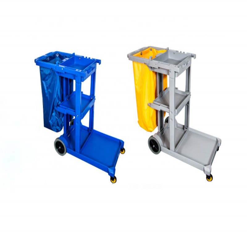 Multifunction hotel restaurant commercial housekeeping hotel trolley cleaning cart 3-shelf janitor cart with gary or blue bag