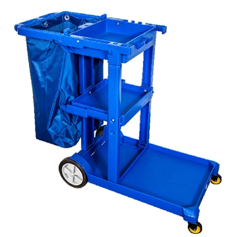 Multifunction hotel restaurant commercial housekeeping hotel trolley cleaning cart 3-shelf janitor cart with gary or blue bag