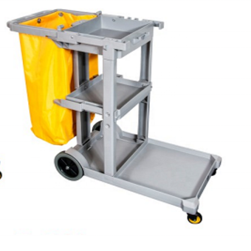 Multifunction hotel restaurant commercial housekeeping hotel trolley cleaning cart 3-shelf janitor cart with gary or blue bag