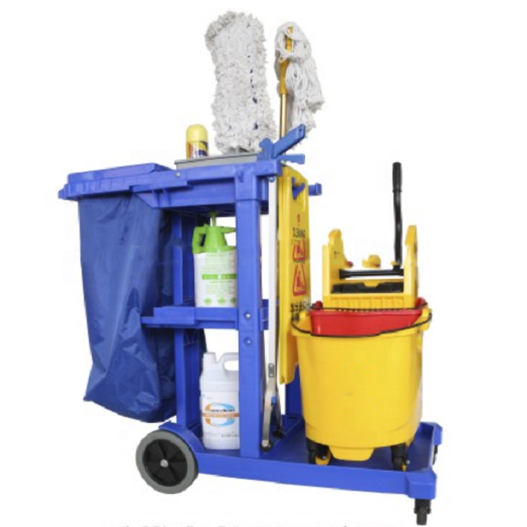 Multifunction hotel restaurant commercial housekeeping hotel trolley cleaning cart 3-shelf janitor cart with gary or blue bag