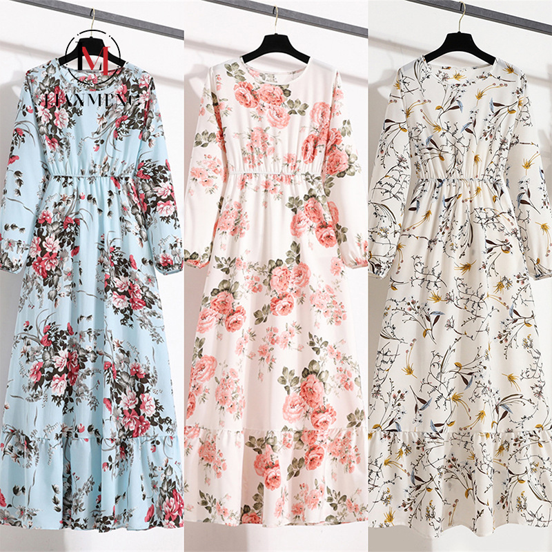 LIANMENG AD128 Custom Woman's Clothing Dress Sky Blue Women Long Dress Western Printed long-sleeved 2-layer dress