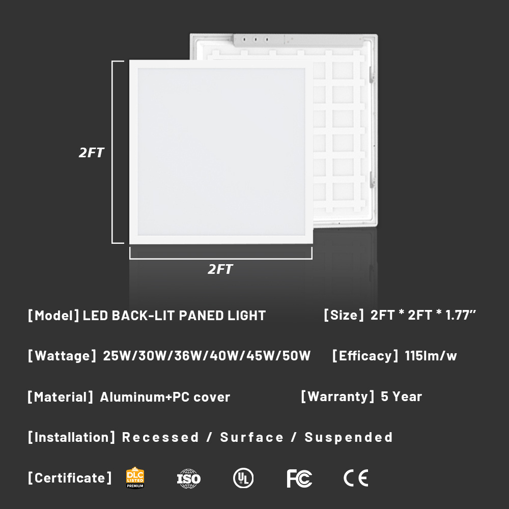 Brandon 36W Modern Indoor LED Recessed Flat Panel Ceiling Light 2X2Ft Linear 4000K Panel Light Supermarket Office PC Lamp Body