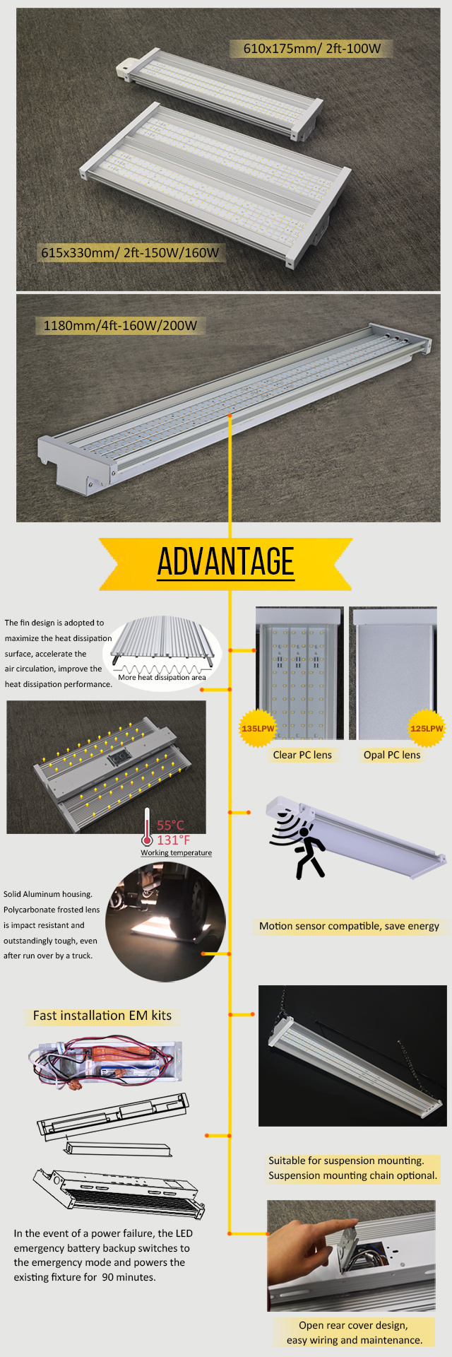 Custom watt 100w 150w 200w 300w high temperature hi bay light fixture for warehouse led high bay light