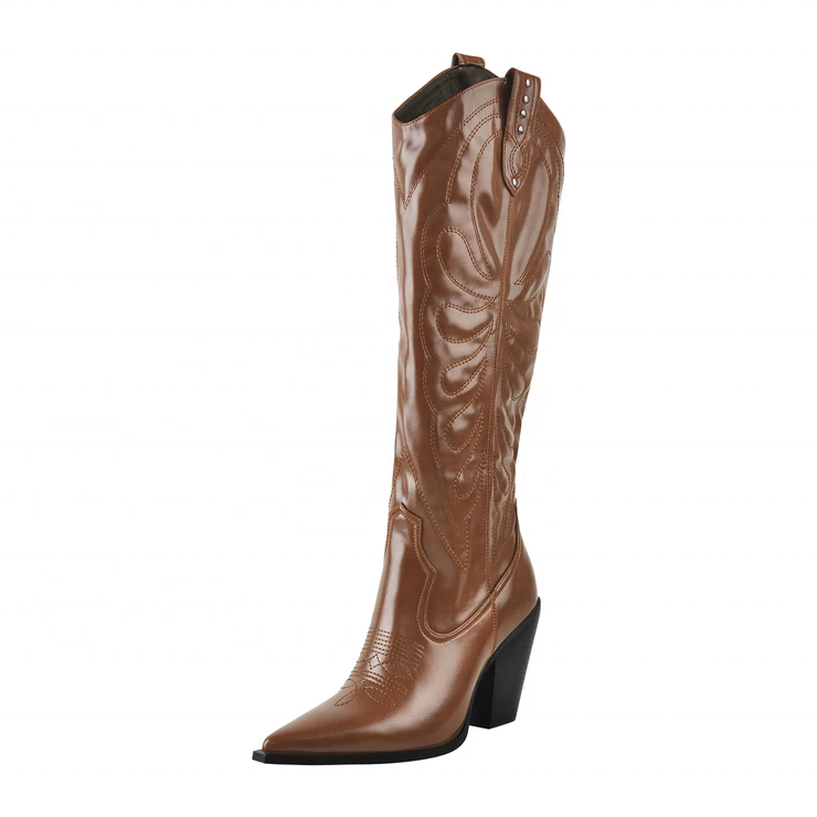 Brown color faux leather cowboy boots with pointed toe high heel shoes women's half boots