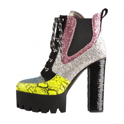 Sequin Splice Platform round toe boot women shoes ankle boots