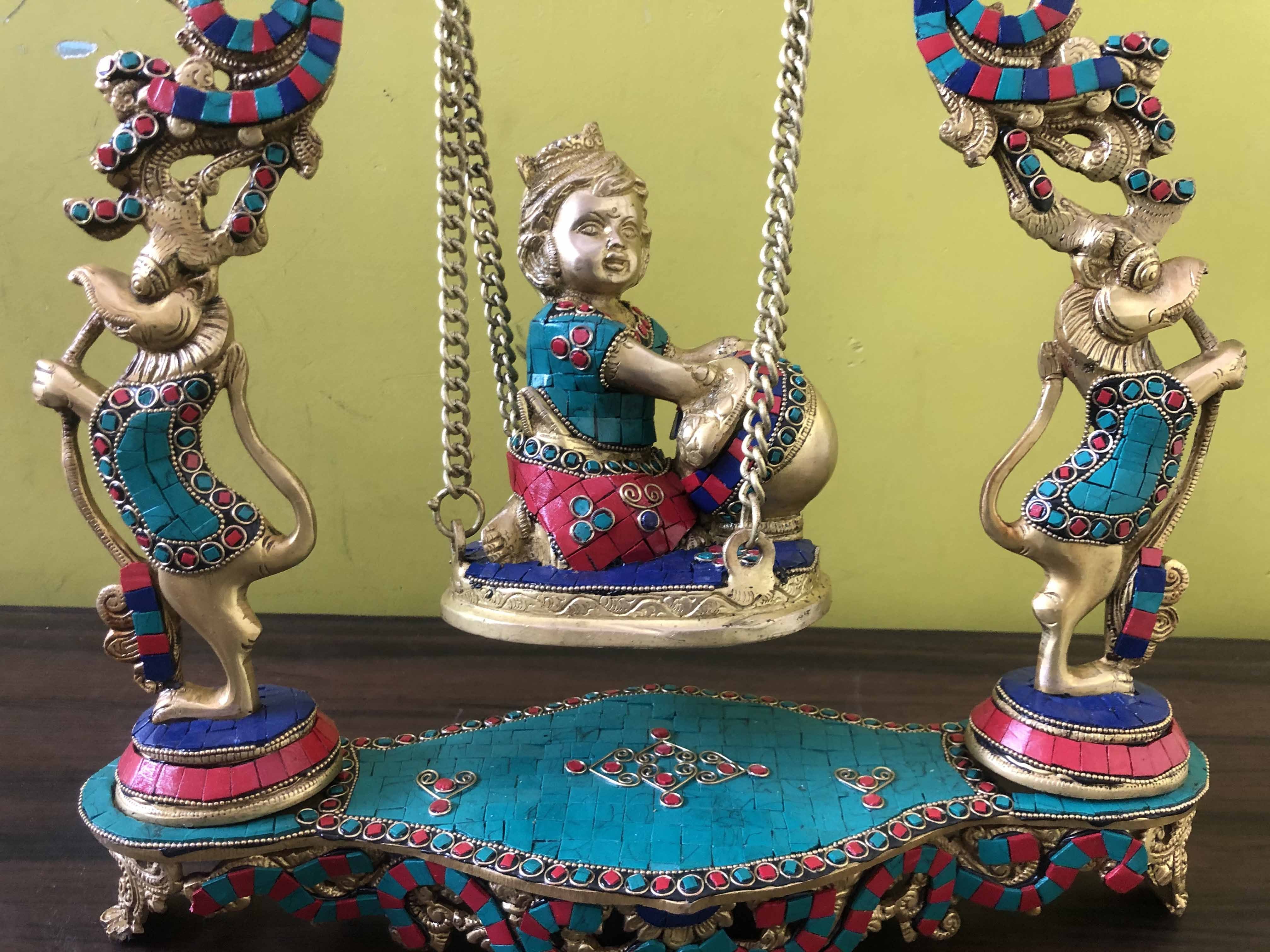 Aakrati Krishna Swing Jhula brass Statue decorative work unique gift showpiece