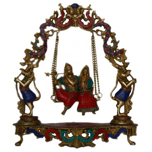 Brass Set of Idol Radha Krishna both are Sitting on A Swing  in antique finish