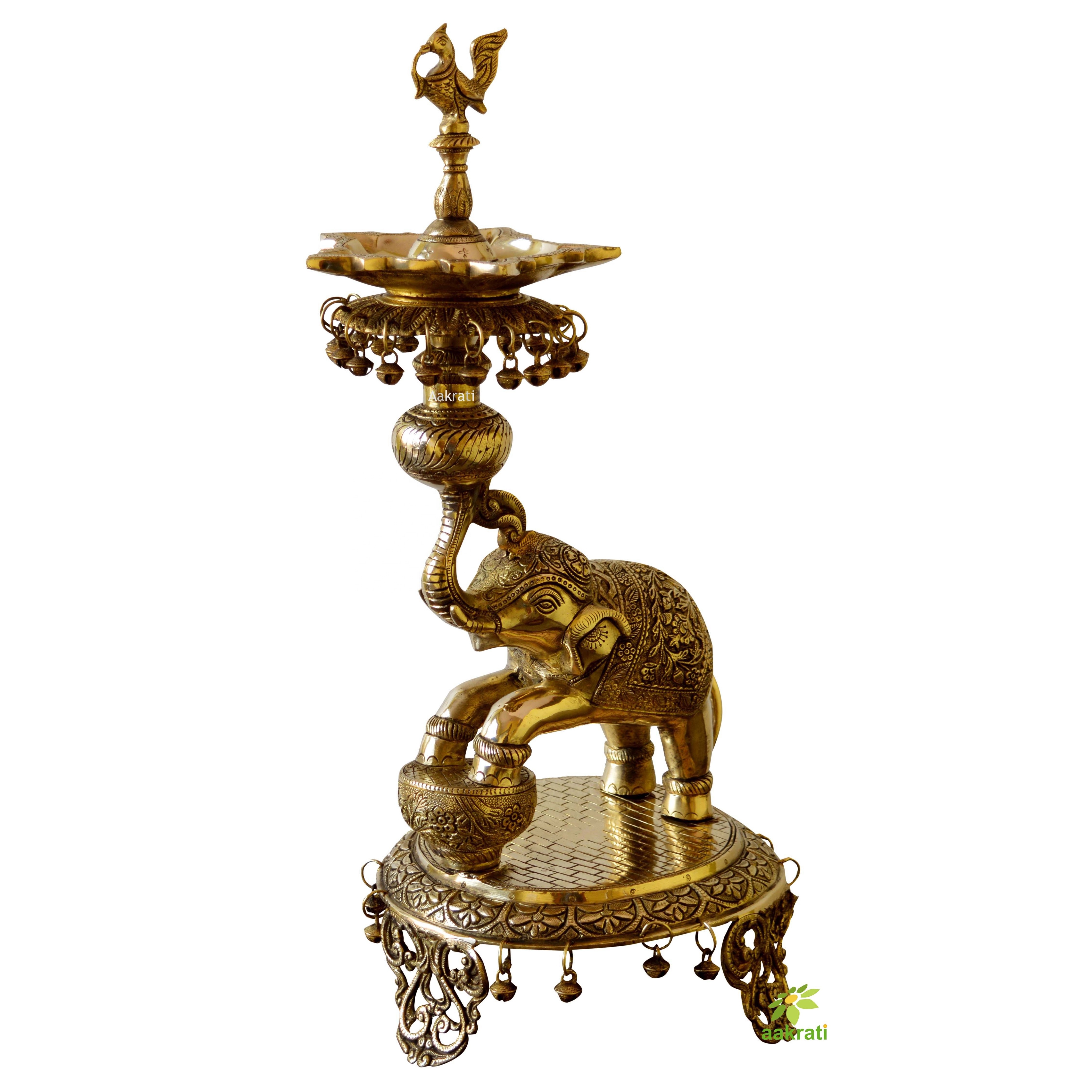 Welcome Elephant oil Lamp Vilakku or Traditional Oil Lamp Brass Diya in antique finished