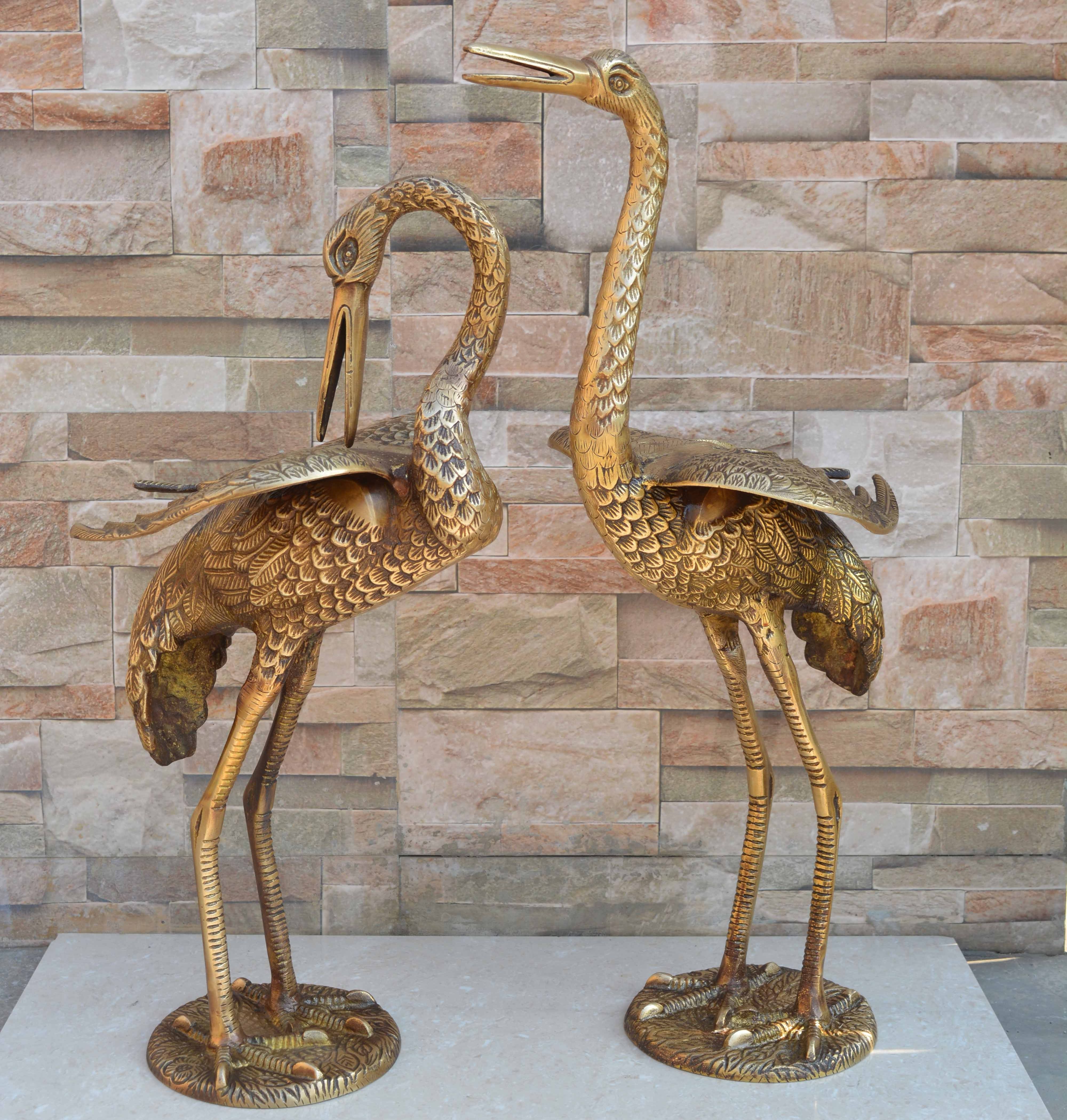 Garden Crane Statues Brass Antique finish Standing Metal Crane Sculptures Bird Yard Art for Outdoor Decor Set of 2