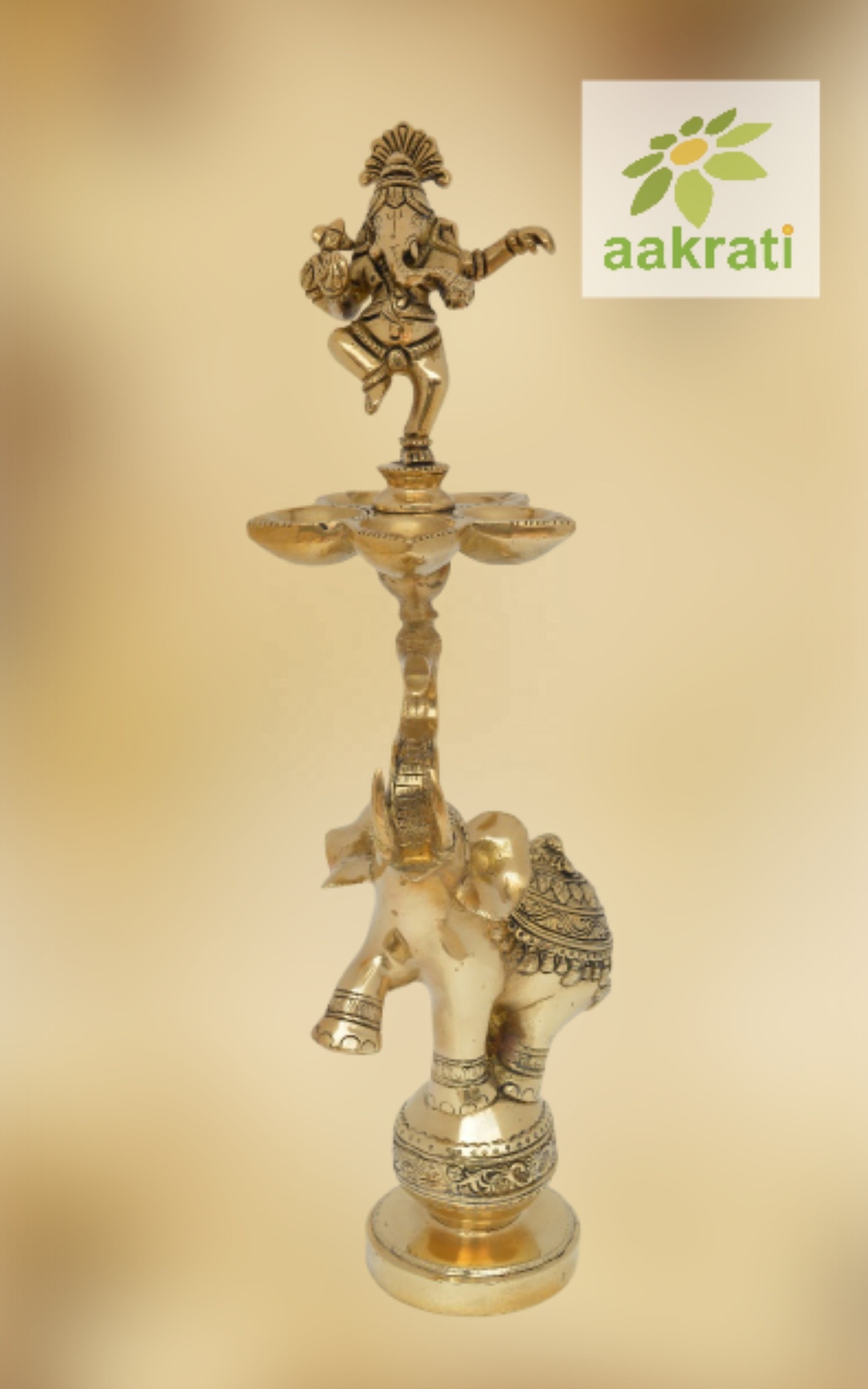 Ganesh lamp with elephant ethnic design Deepak Stand for Home Temple, in antique finished