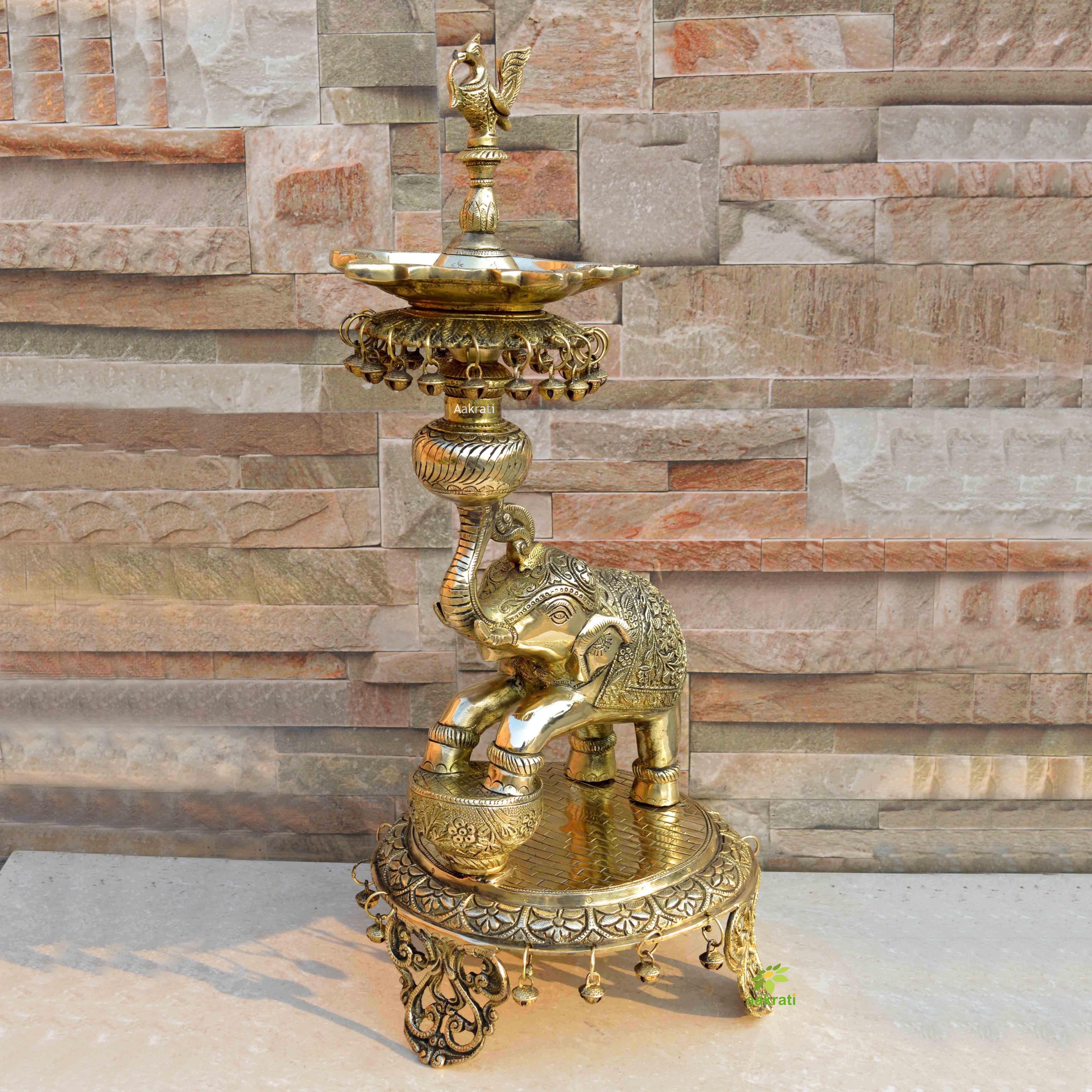 Welcome Elephant oil Lamp Vilakku or Traditional Oil Lamp Brass Diya in antique finished