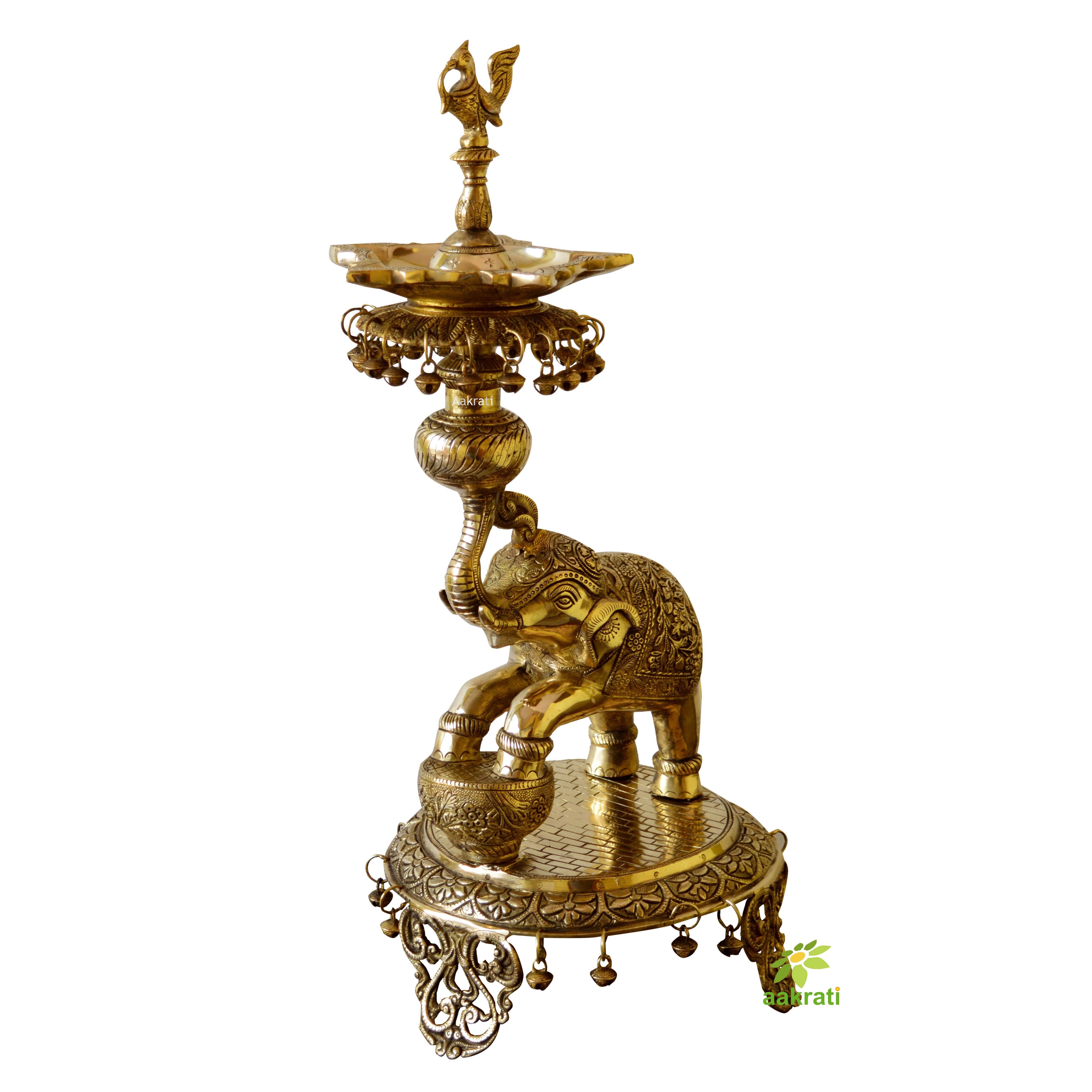 Welcome Elephant oil Lamp Vilakku or Traditional Oil Lamp Brass Diya in antique finished