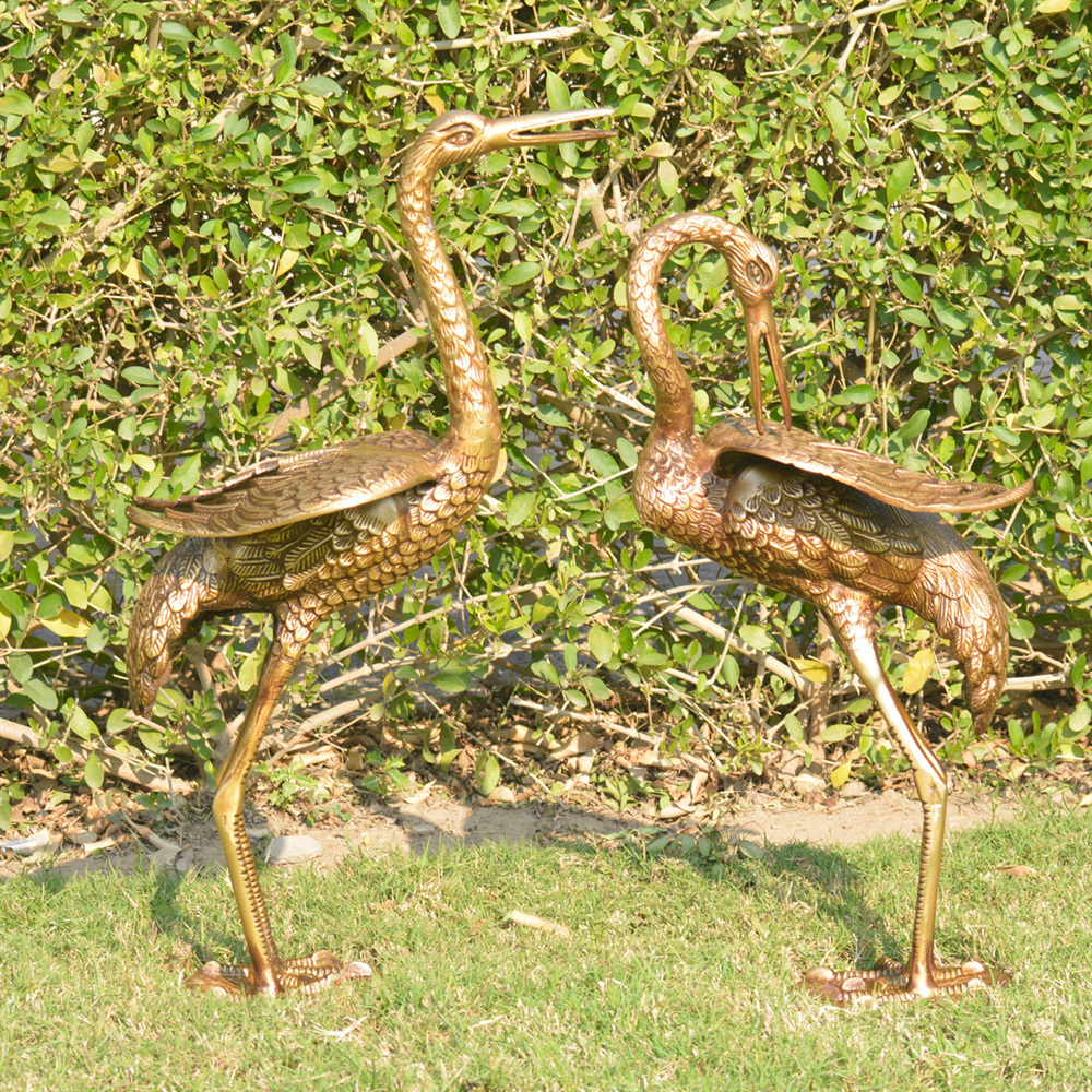 Garden Crane Statues Brass Antique finish Standing Metal Crane Sculptures Bird Yard Art for Outdoor Decor Set of 2