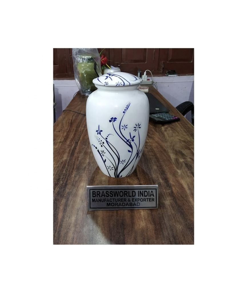 Aluminum White Flower Print  Low Price Cremation Urns Funeral Supplies By Brassworld India