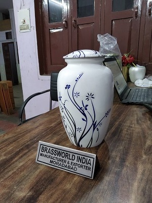 Aluminum White Flower Print  Low Price Cremation Urns Funeral Supplies By Brassworld India