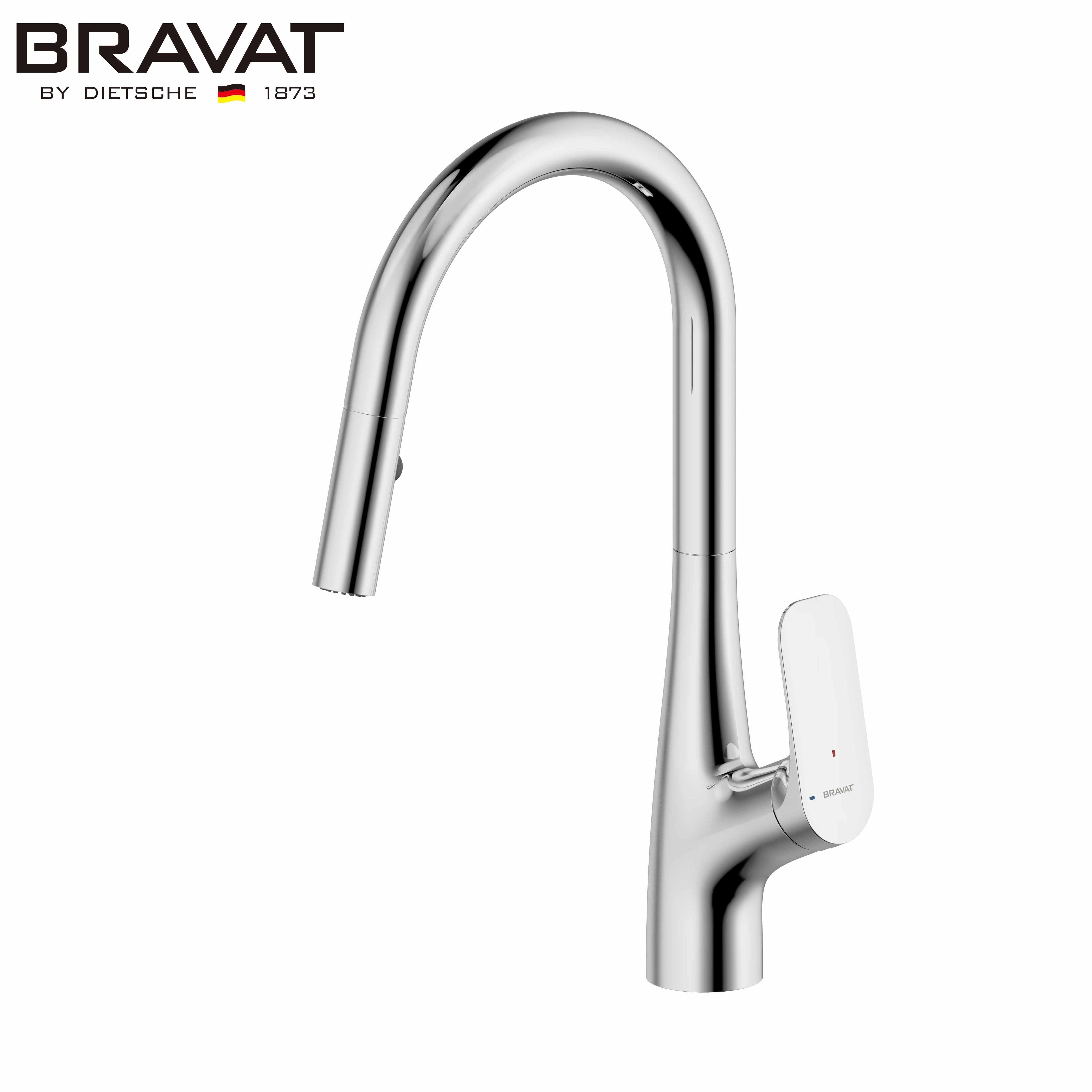 Bravat Single Handle Chrome Modern Pull Down Pull Out Home Kitchen Bar Mixer Faucet