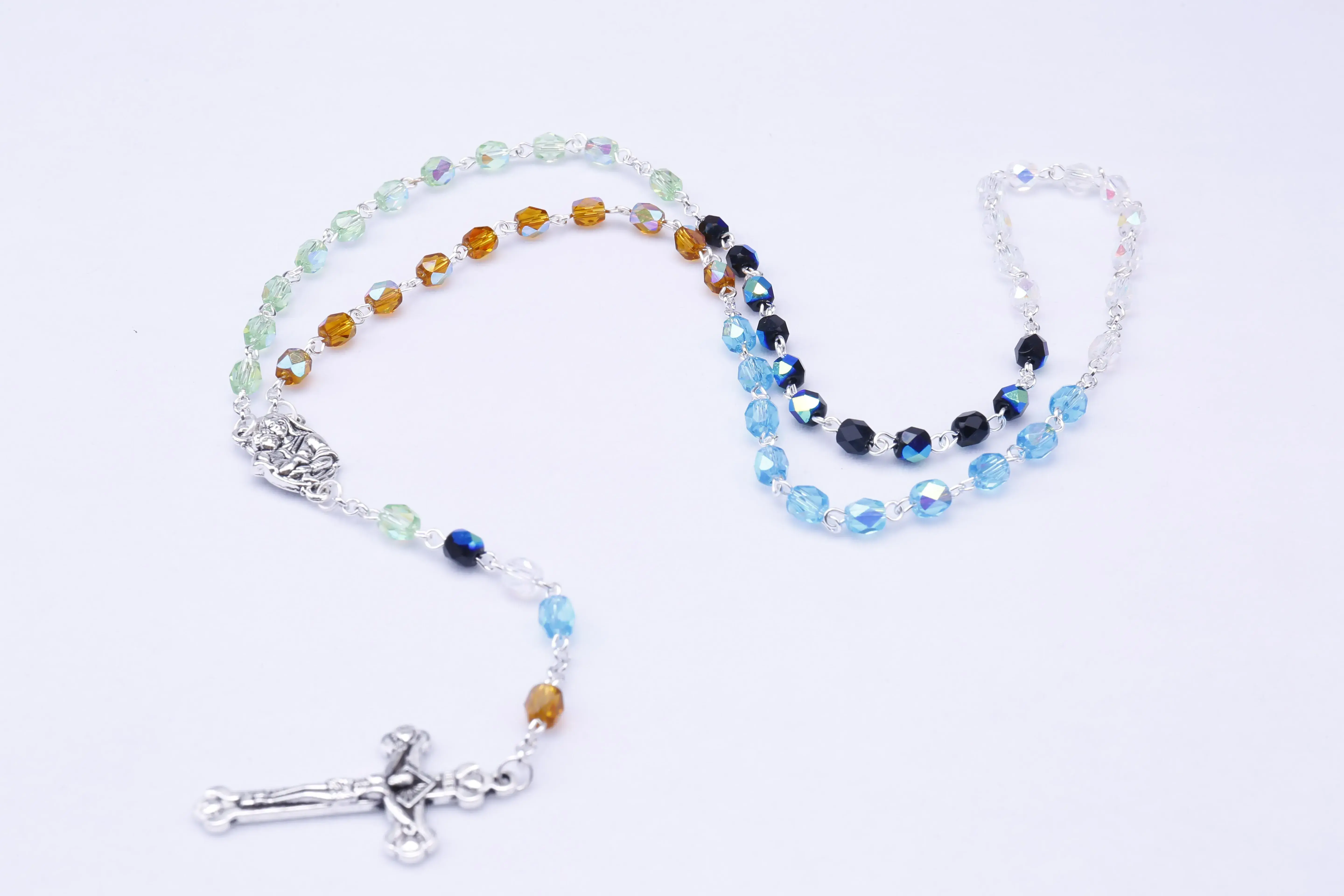 Factory Price Rosary Necklace Jesus Christ Cross Pendant Crystal Necklaces Fashion multi color Jewelry Rosary